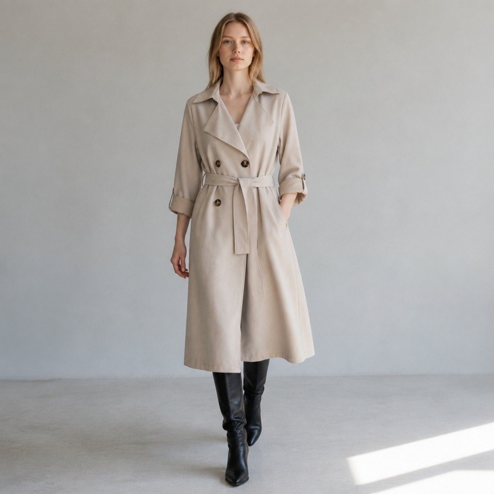 New Collection Vintage White Faux Suede Trench Coat Soft Velvet Feel